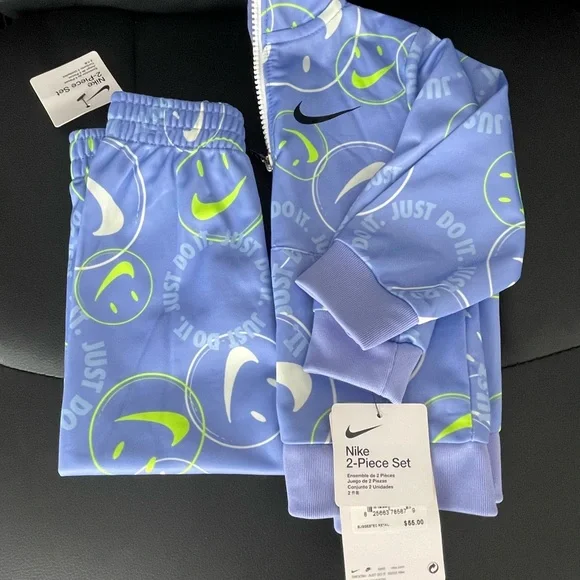 Nike Kids Pajama Set in Blue with Smiley Faces - Picture 2 of 3